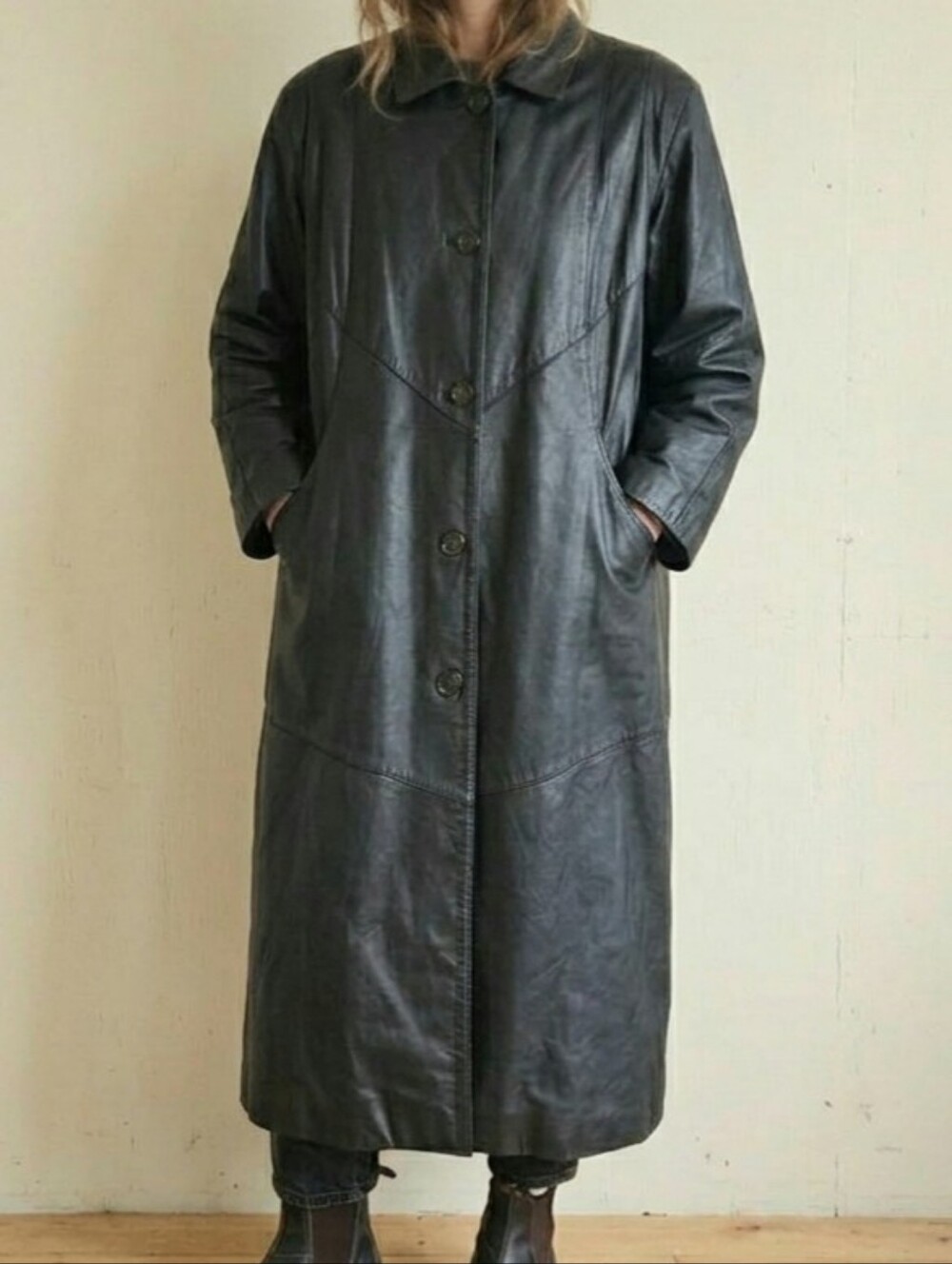 Vintage Long Leather Black Trench Coat Duster Pelle New York-Milano L STUNNING